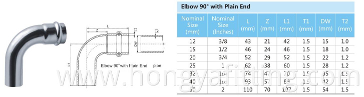 Stainless steel 45 degree plumbing elbow m type press fitting